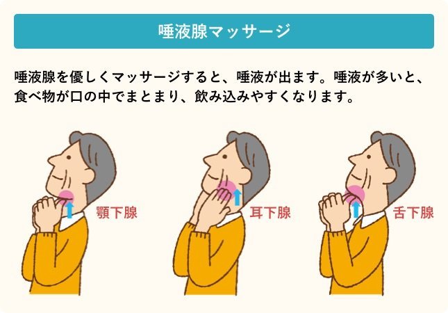 唾液腺マッサージ／唾液腺を優しくマッサージすると、唾液が出ます。唾液が多いと、食べ物が口の中でまとまり、飲み込みやすくなります。